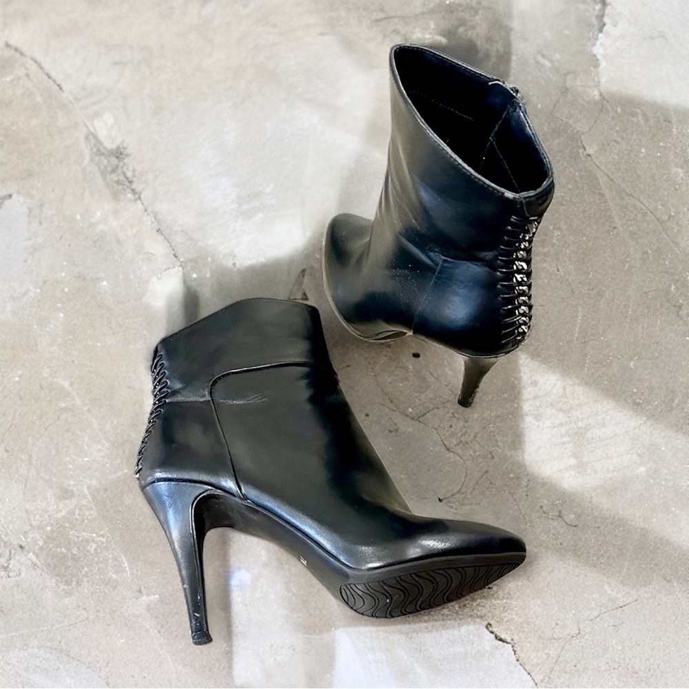 IMPO Faux Leather Black Heeled Boots with Silver Accent Down Back